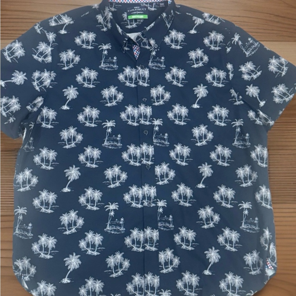 Construct Men's Navy Blue Tropical Hawaiian Print Button Up Shirt XX